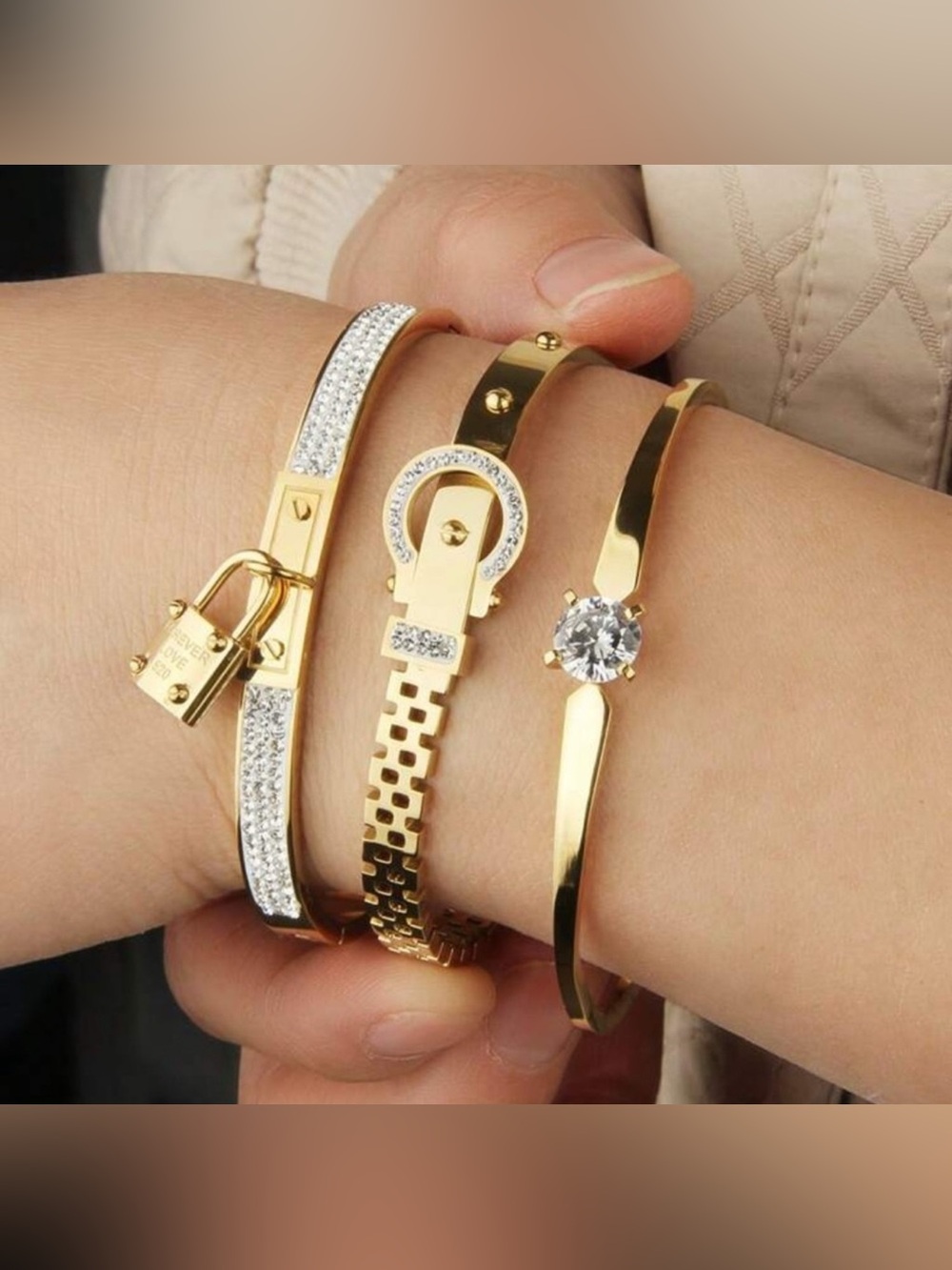 Gold Plated Stainless Steel 3-Piece Bracelet Set Lock,Buckle & Solitaire Design